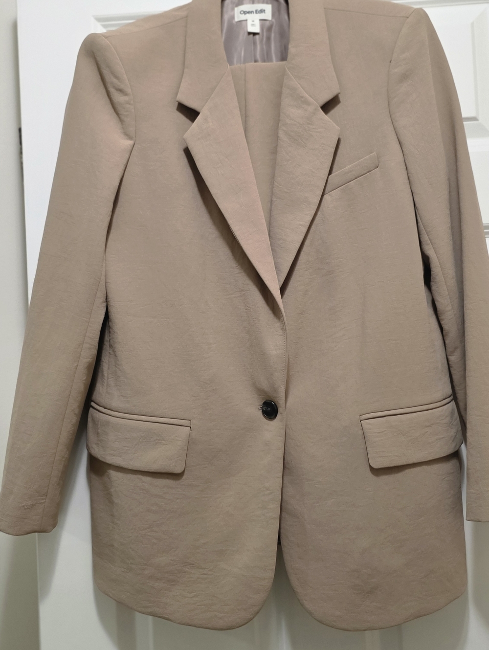 Open Edit -Taupe Women's Single-Button Blazer With Pants (Suit)